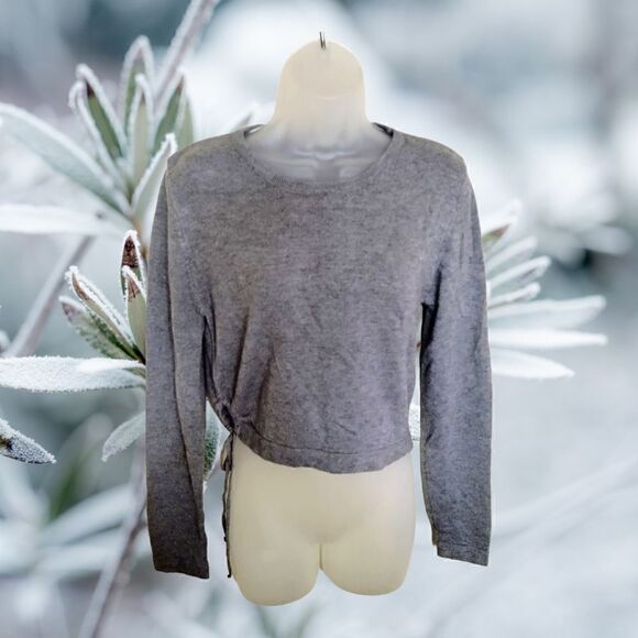 SHEIN Gray CropTop Brushed Knit Sweater Lg Long Sleeve TIE Ruched TIE-SIDE - Picture 3 of 5